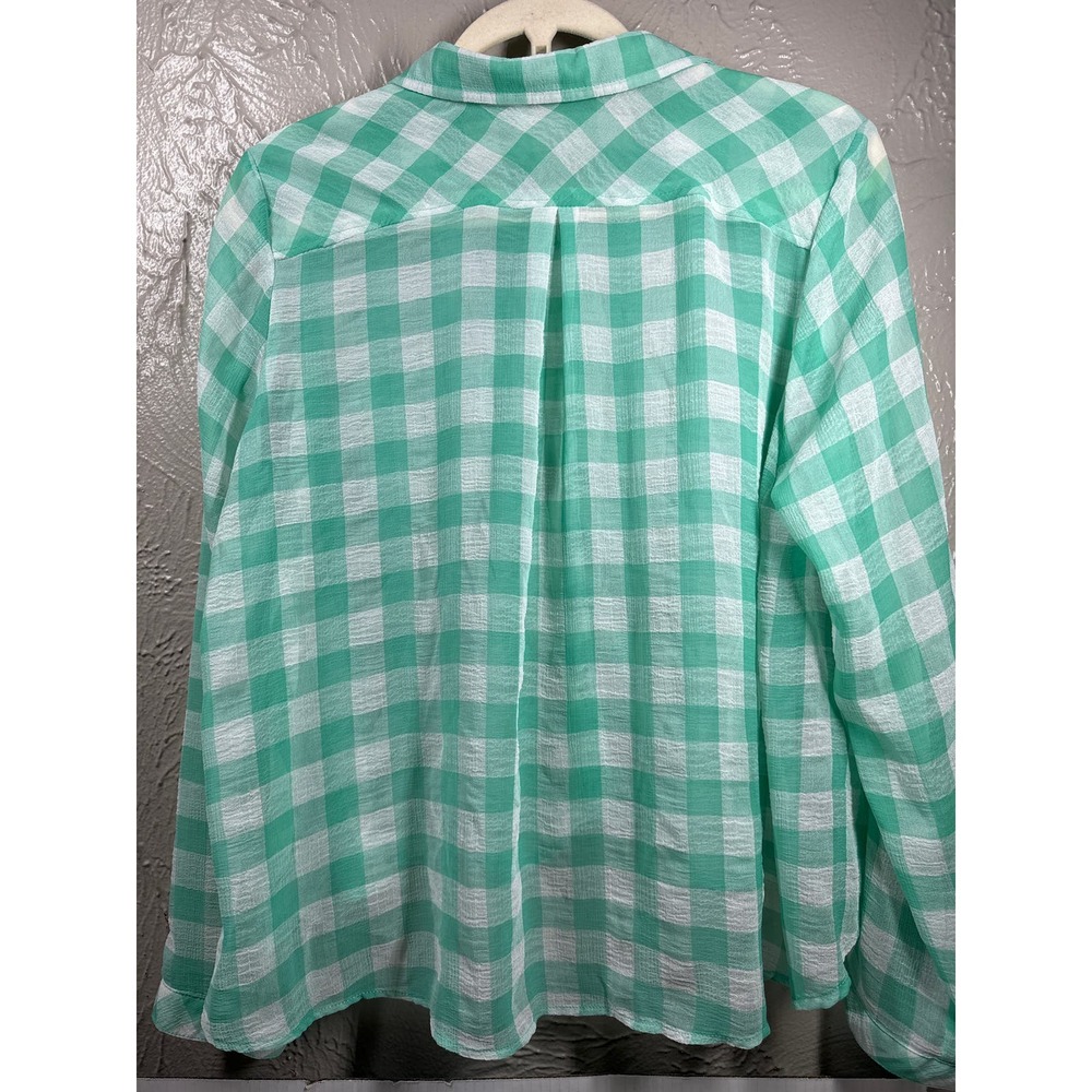 Free People Green‎ Checkered Button Up Long Sleeve Lightweight Top Size Medium - Picture 5 of 6